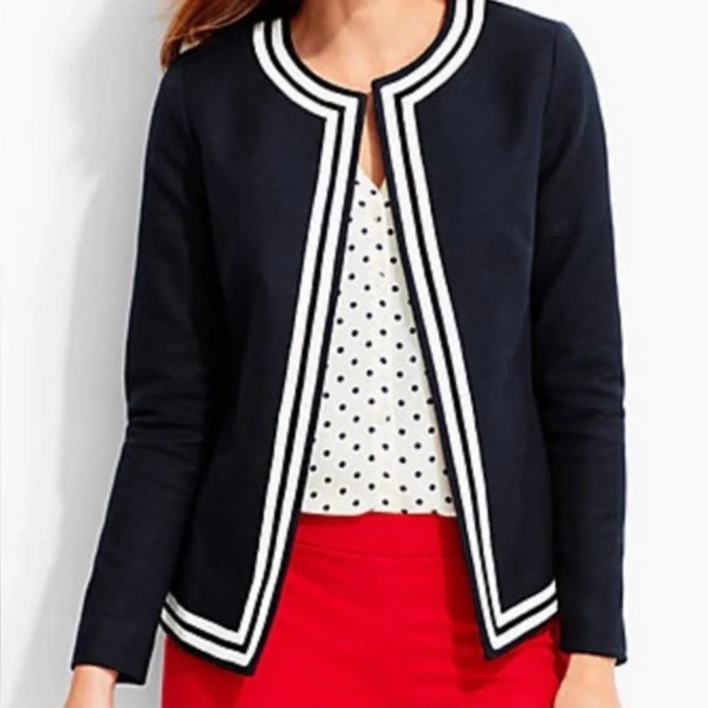 Talbots Jacket Blazer Navy Blue White Textured Cotton 10 Nautical Preppy Classic